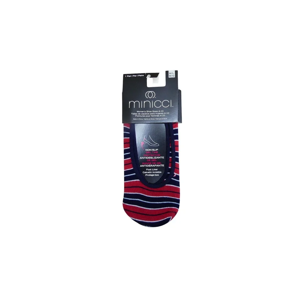 Minicci Foot Liner Socks Women M/L Red Blue NWT Striped Non-Slip Gel Tab 1 Pair